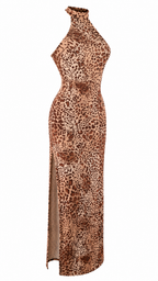 Abito lungo halter aderente con schiena racerback e spacco laterale