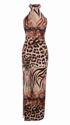 Abito lungo halter aderente con schiena racerback e spacco laterale