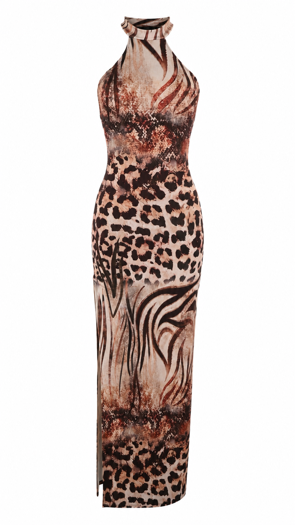 Abito lungo halter aderente con schiena racerback e spacco laterale
