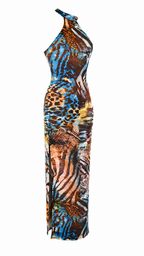 Abito lungo halter aderente con schiena racerback e spacco laterale