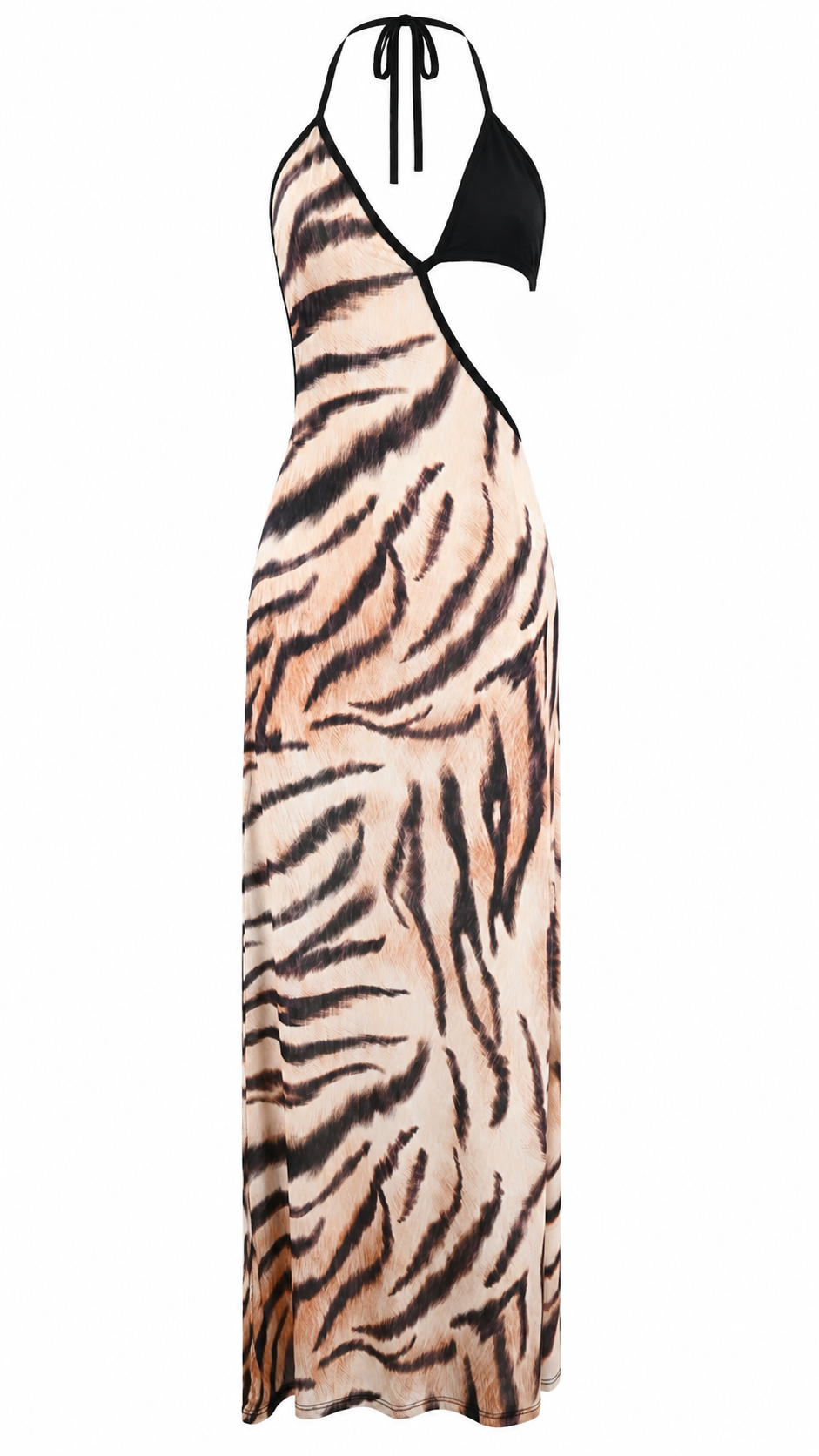 Abito lungo animalier tigrato con cut-out