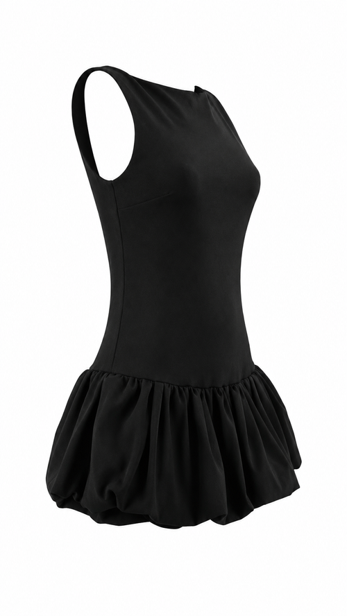 Abito corto smanicato con bubble skirt