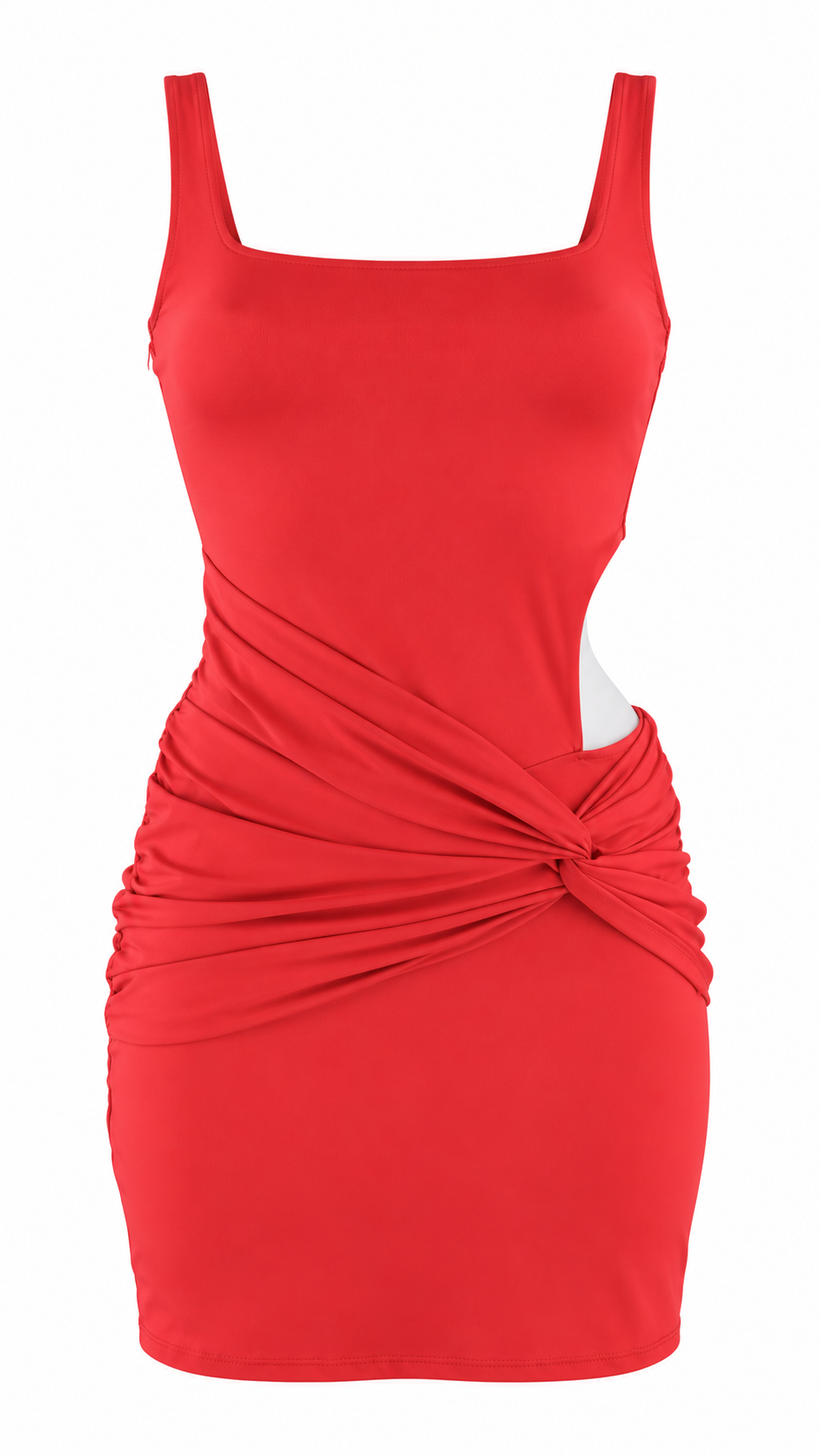 Abito mini aderente con cut-out laterale e drappeggio annodato in vita