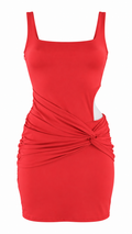 Abito mini aderente con cut-out laterale e drappeggio annodato in vita