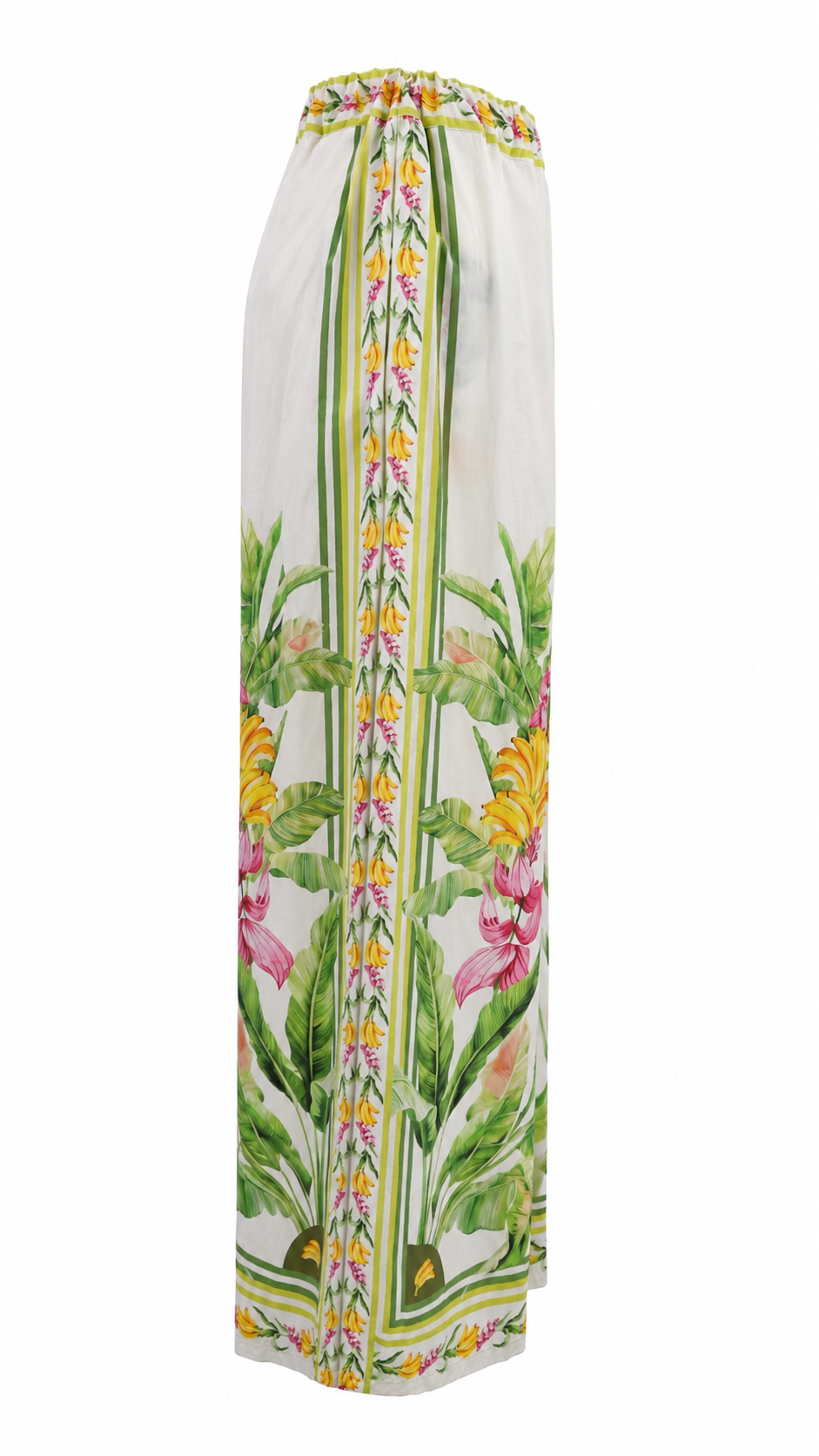 Pantaloni palazzo con stampe tropicali e dettagli animalier