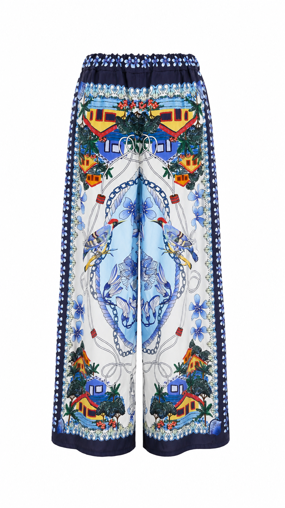 Pantaloni palazzo con stampe tropicali e dettagli animalier