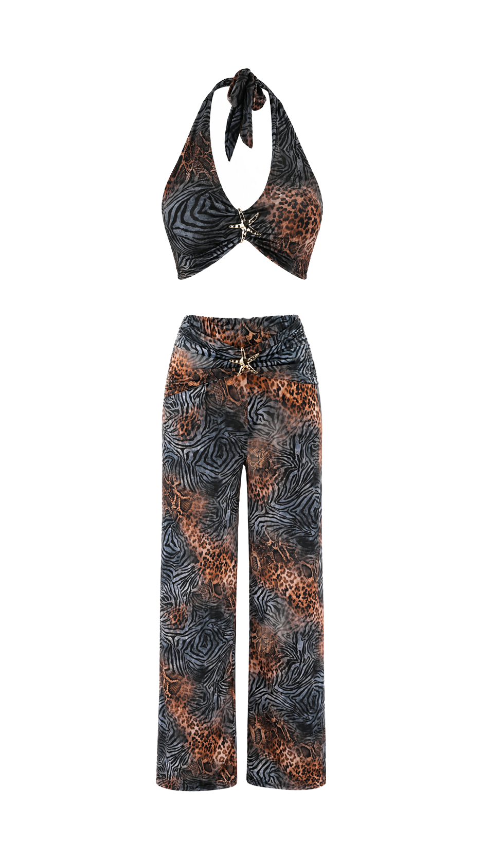 Top halter animalier con stella marina dorata