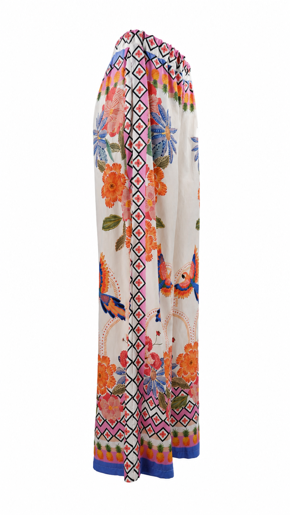 Pantaloni palazzo con stampe tropicali e dettagli animalier