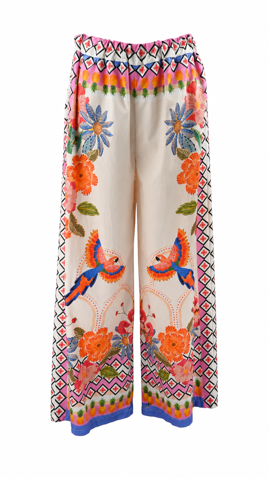 Pantaloni palazzo con stampe tropicali e dettagli animalier