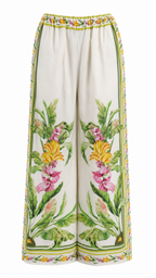 Pantaloni palazzo con stampe tropicali e dettagli animalier