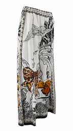 Pantaloni palazzo con stampe tropicali e dettagli animalier