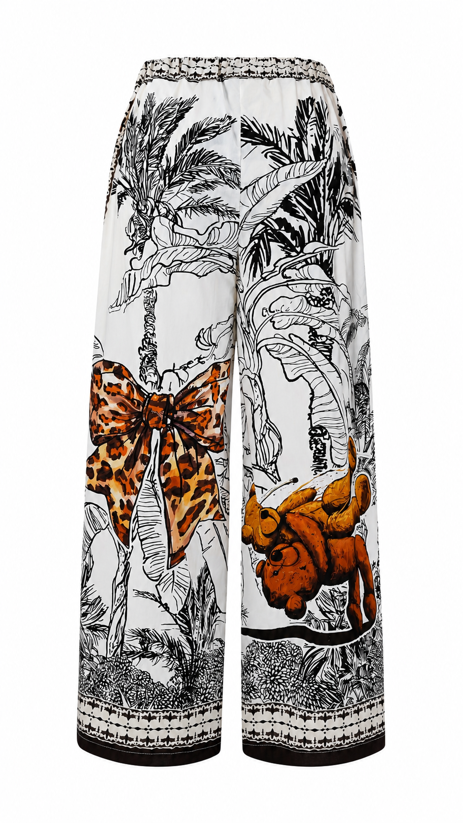 Pantaloni palazzo con stampe tropicali e dettagli animalier