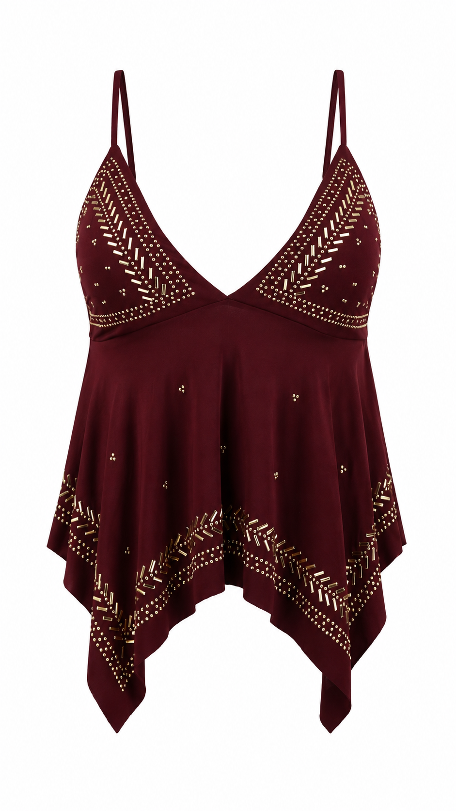 Top con coppe triangolari e strass dorati