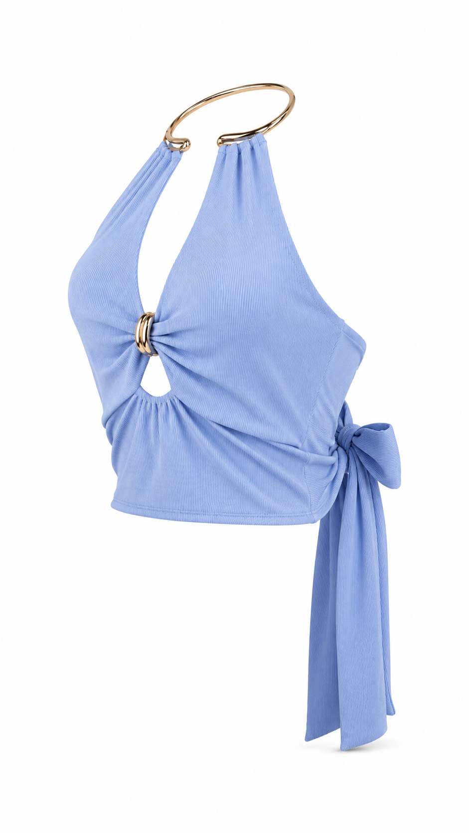Top halter a coste con anello metallico oro