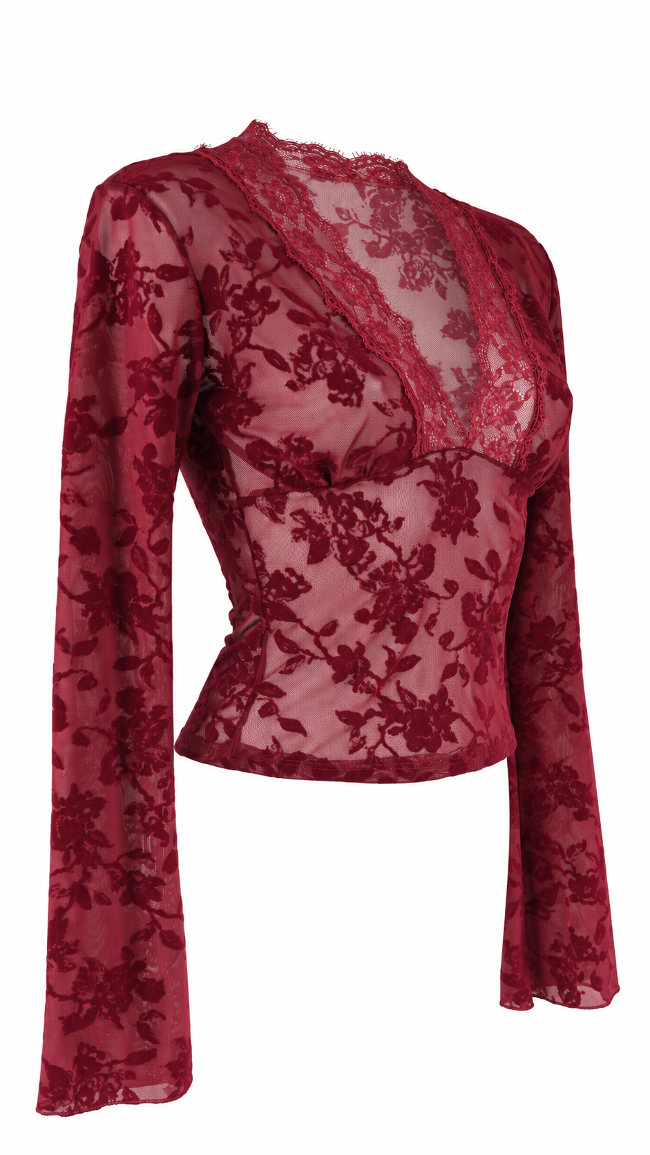 Top a maniche lunghe in tulle trasparente con motivo floreale effetto velluto