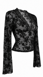 Top a maniche lunghe in tulle trasparente con motivo floreale effetto velluto