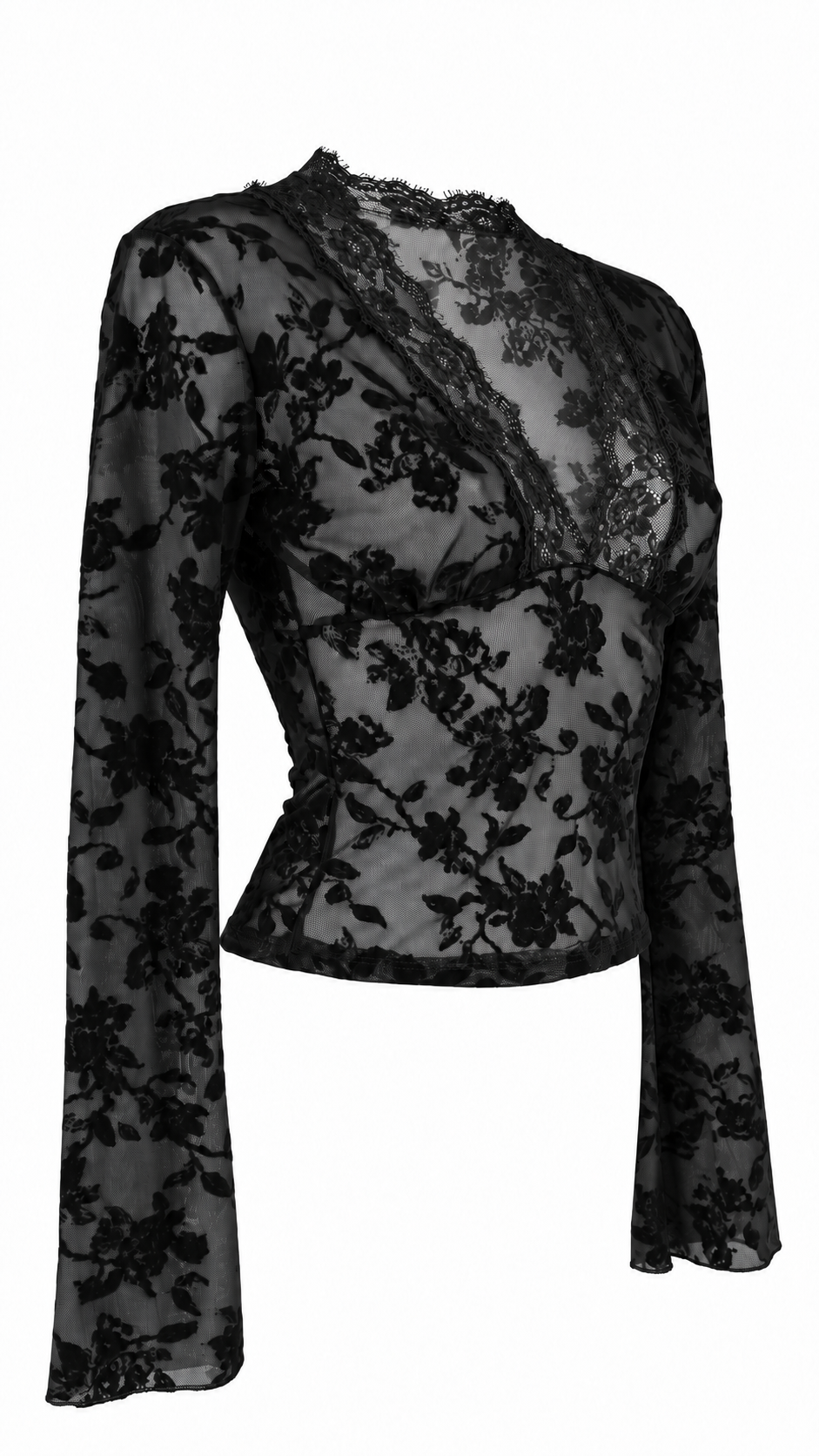 Top a maniche lunghe in tulle trasparente con motivo floreale effetto velluto