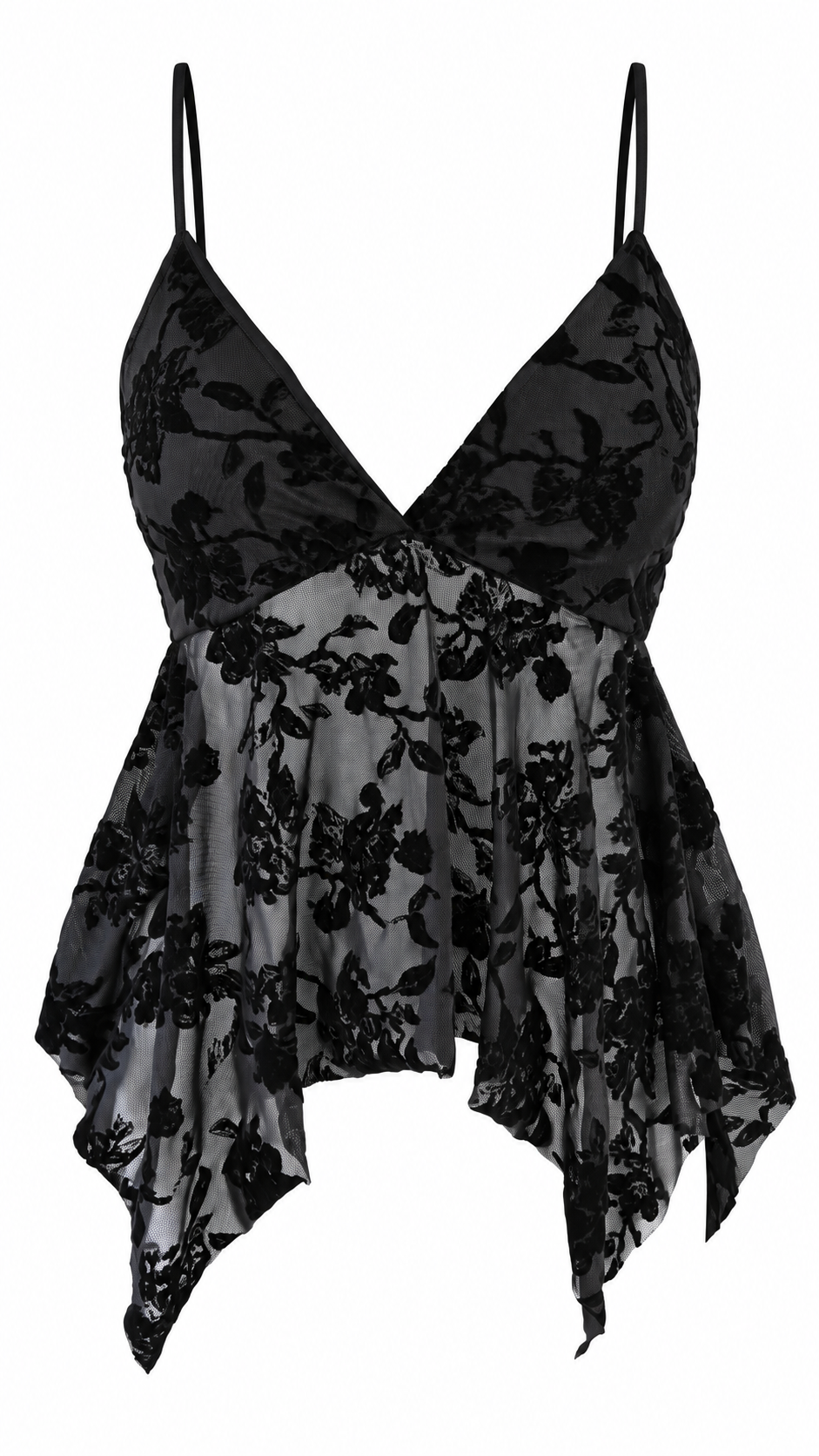 Top donna nero in tulle trasparente con ricamo floreale effetto velluto