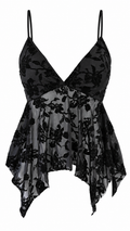 Top donna nero in tulle trasparente con ricamo floreale effetto velluto