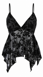 Top donna nero in tulle trasparente con ricamo floreale effetto velluto