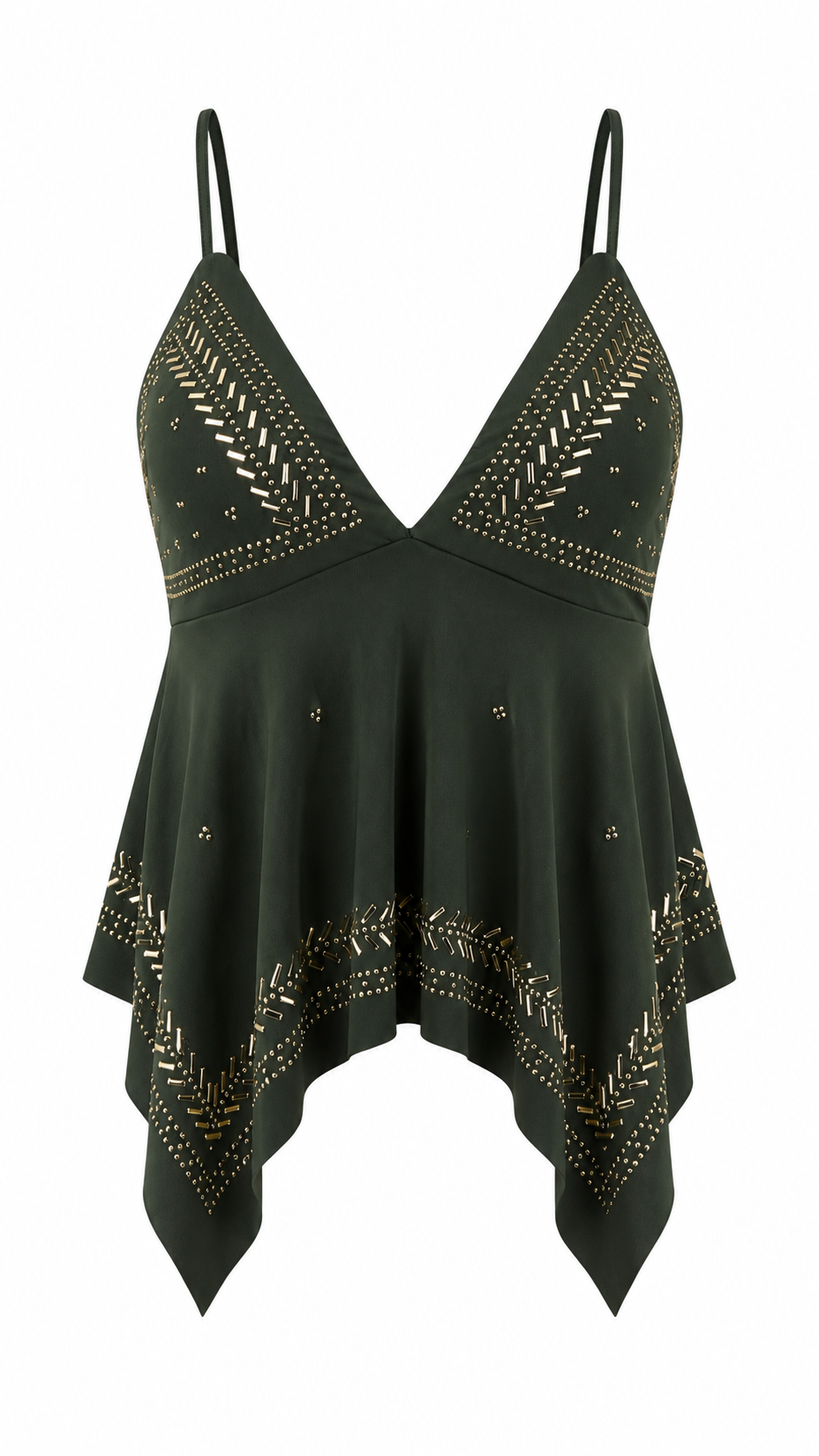 Top con coppe triangolari e strass dorati