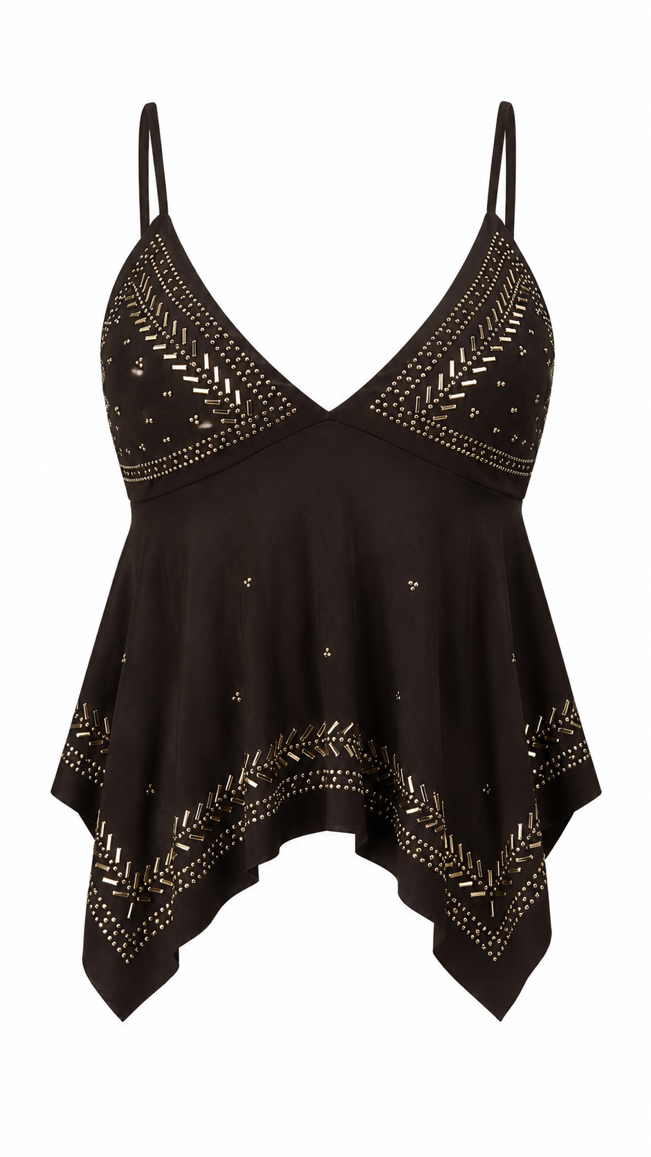 Top con coppe triangolari e strass dorati
