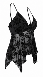 Top donna nero in tulle trasparente con ricamo floreale effetto velluto
