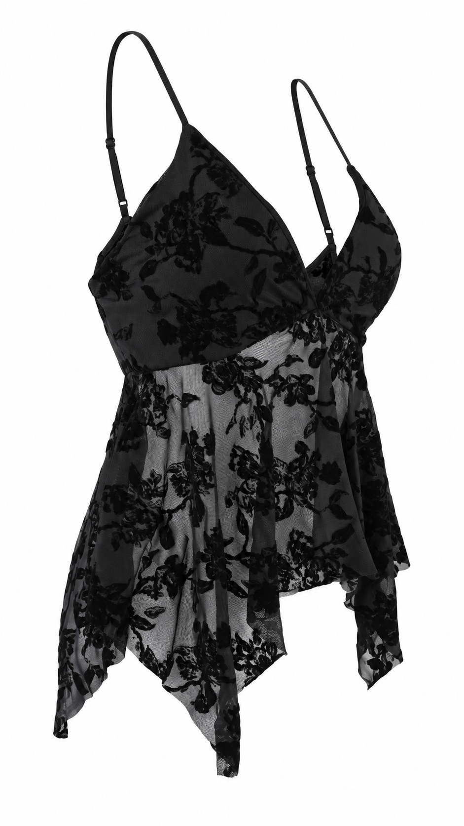 Top donna nero in tulle trasparente con ricamo floreale effetto velluto