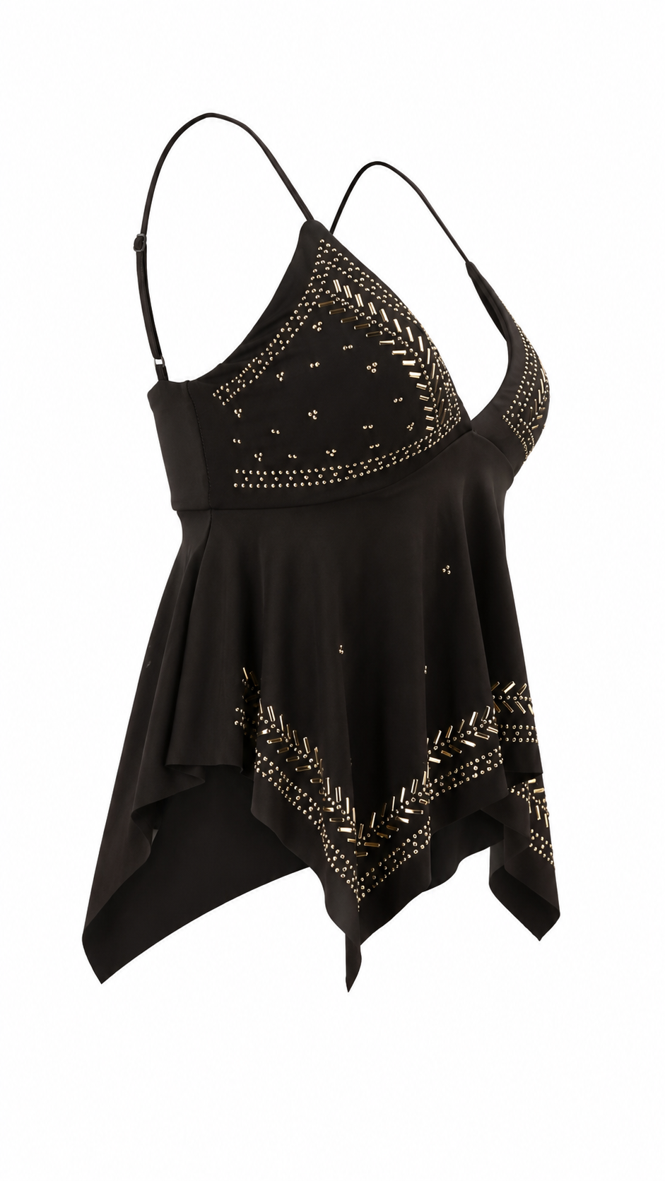Top con coppe triangolari e strass dorati