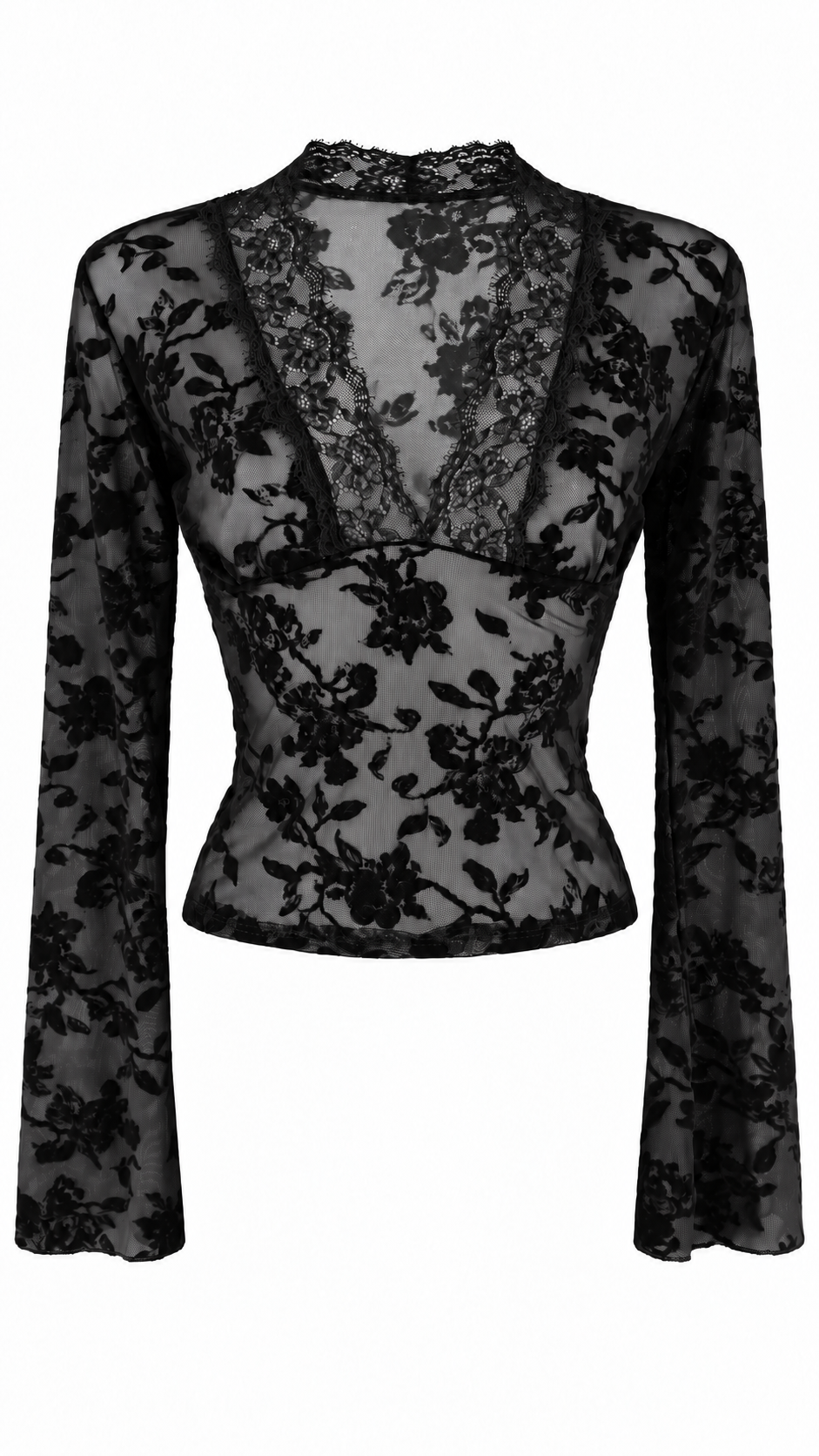 Women’s Sheer Floral Velvet-Effect Tulle Long-Sleeve Top