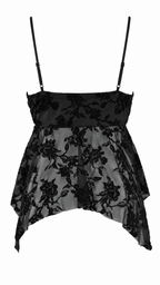 Top donna nero in tulle trasparente con ricamo floreale effetto velluto