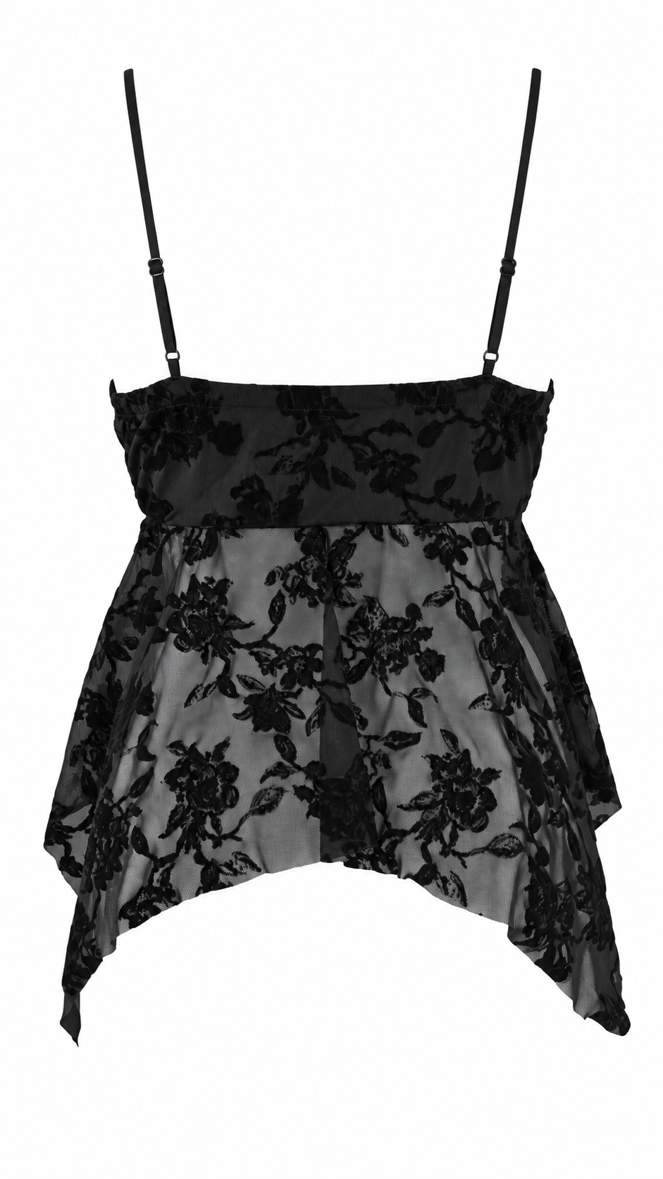 Top donna nero in tulle trasparente con ricamo floreale effetto velluto