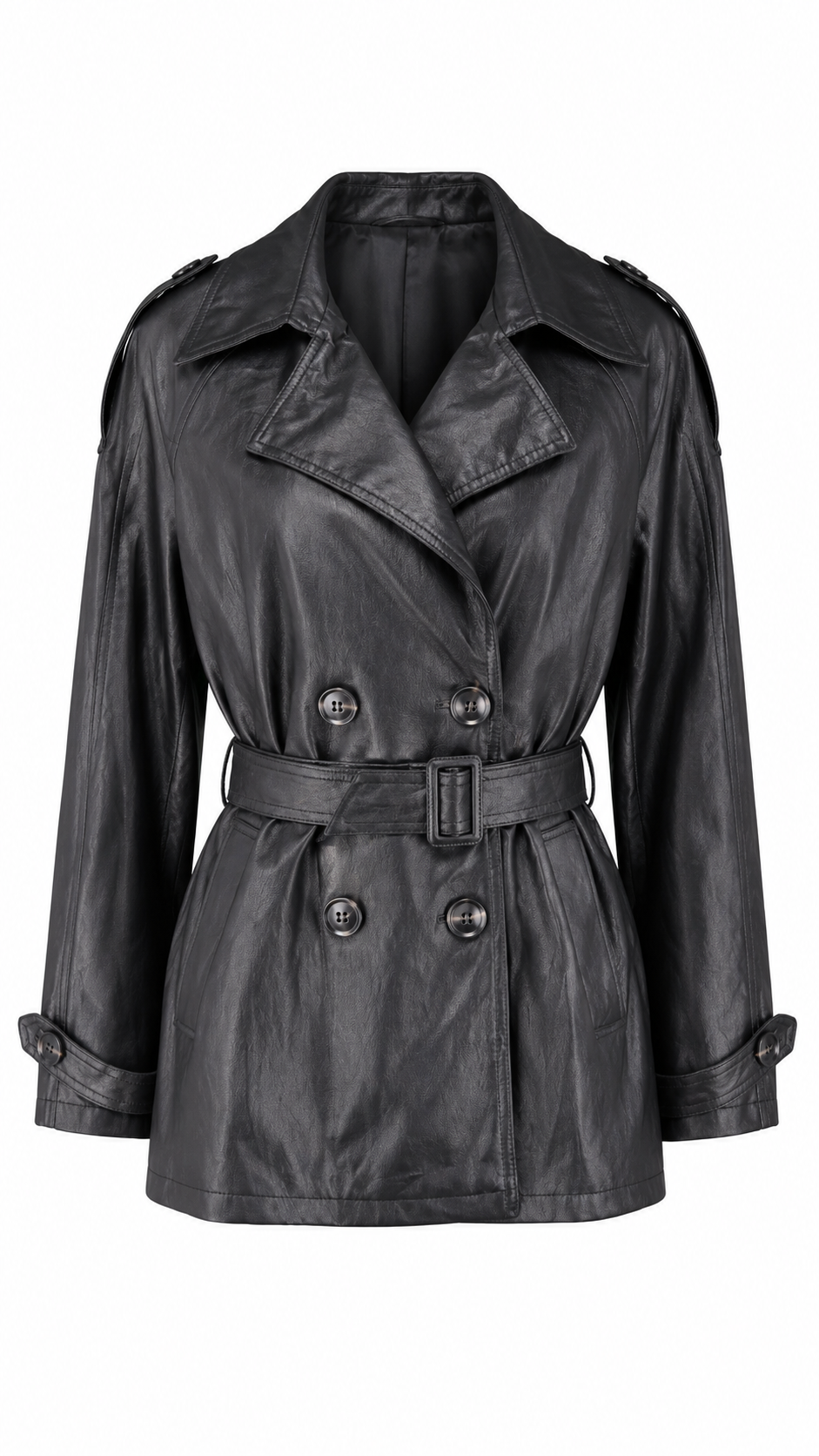 Women’s Cropped Faux Leather Trench Coat with Belt