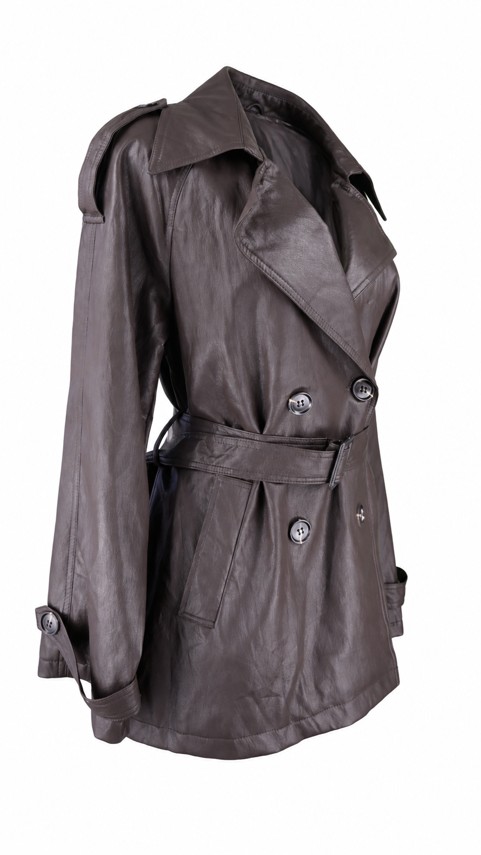 Women’s Cropped Faux Leather Trench Coat with Belt