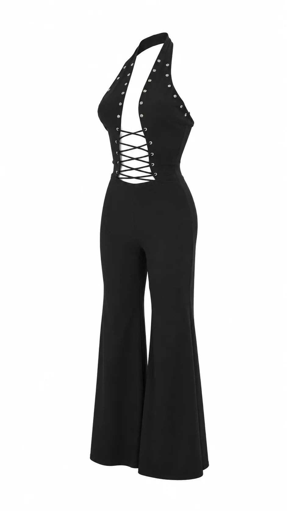 Tuta intera nera a zampa con scollo halter