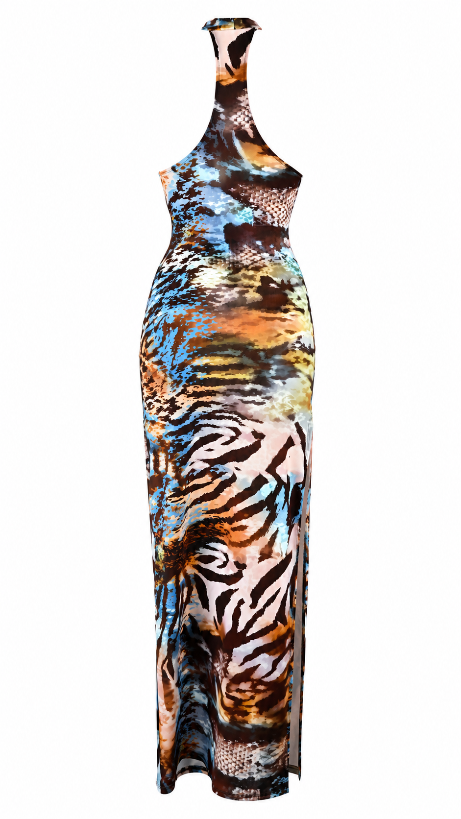 Abito lungo halter aderente con schiena racerback e spacco laterale