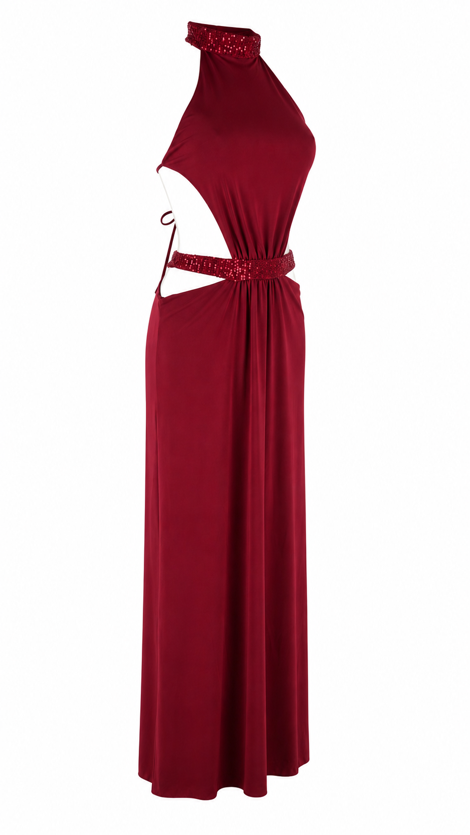 Abito lungo cut-out con collo halter e dettagli in paillettes