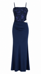 Abito lungo cut-out con corpetto in paillettes