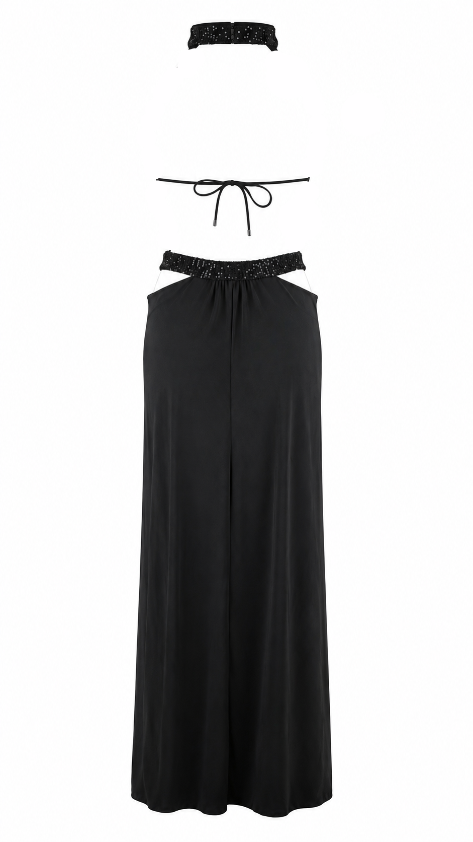Abito lungo cut-out con collo halter e dettagli in paillettes