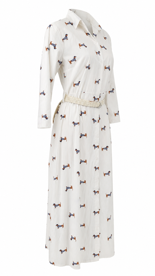 Vestido largo camisero con estampado de perros salchicha