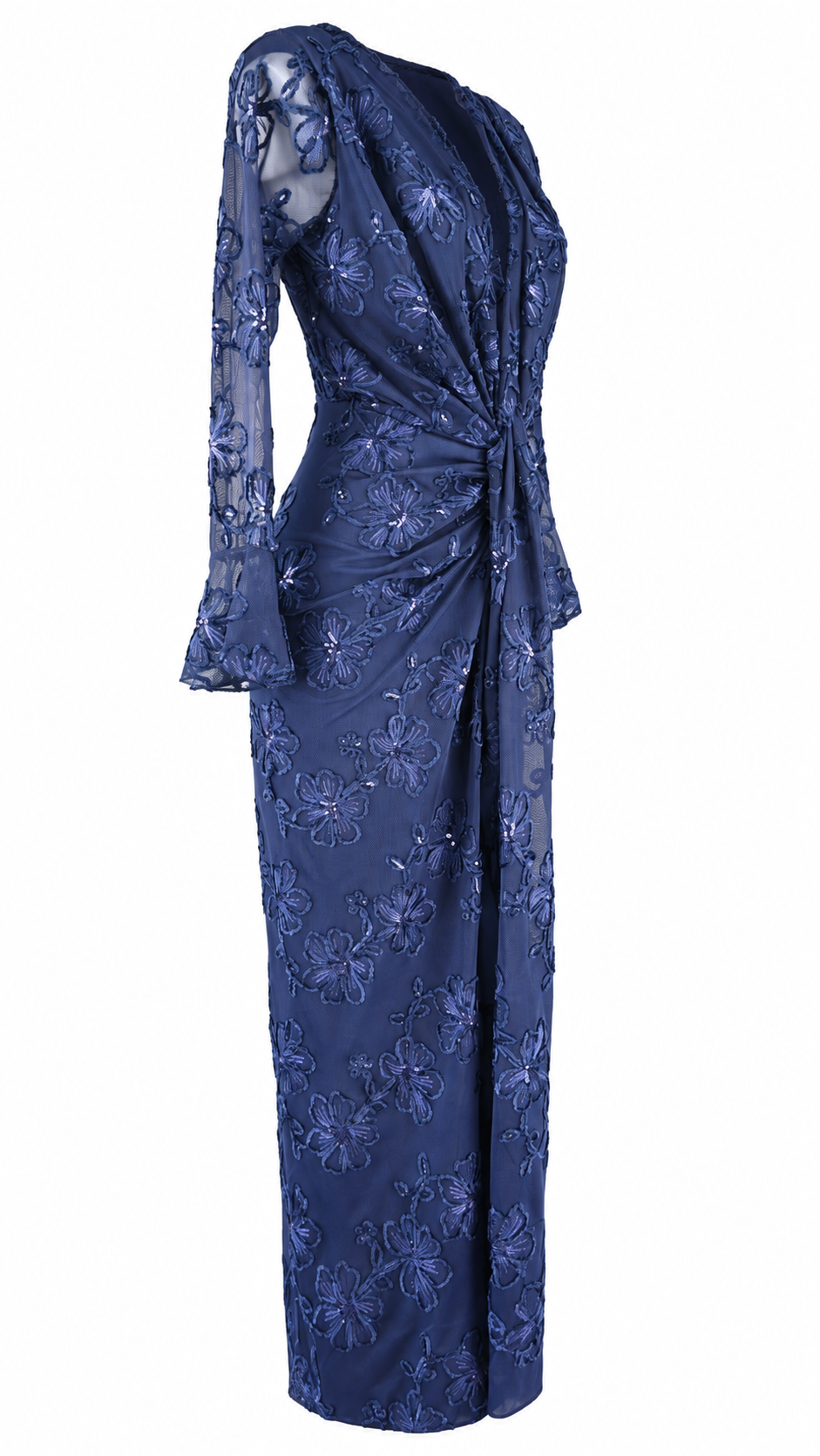 Abito lungo in tulle ricamato floreale con paillettes e scollo profondo a V
