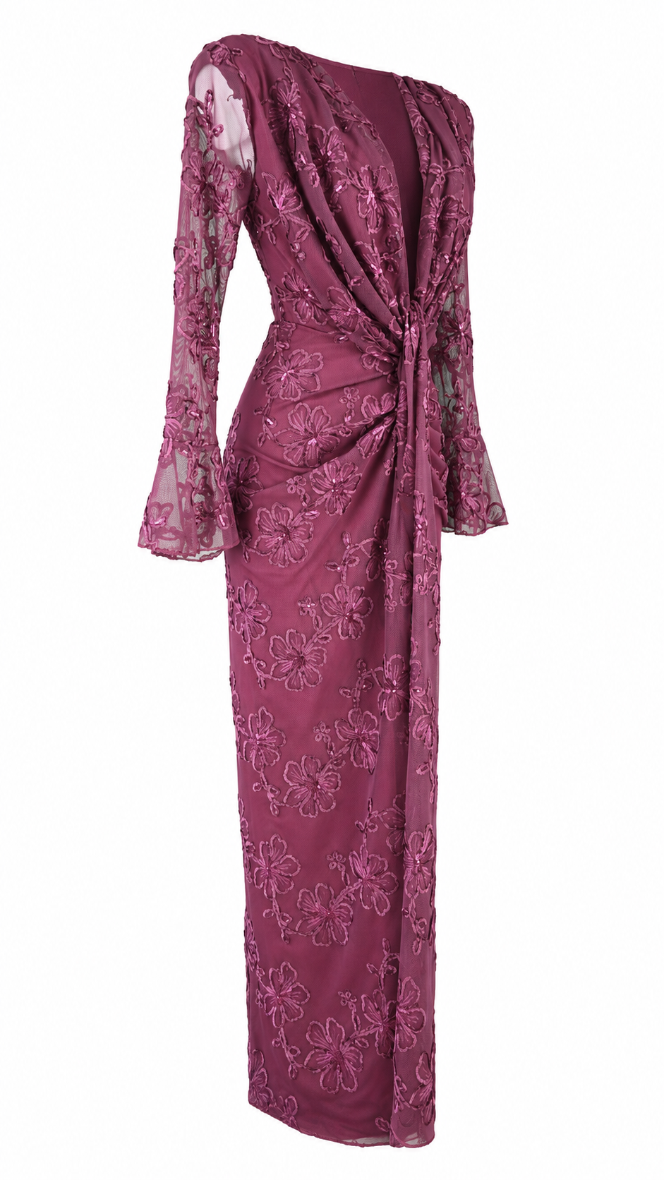 Abito lungo in tulle ricamato floreale con paillettes e scollo profondo a V