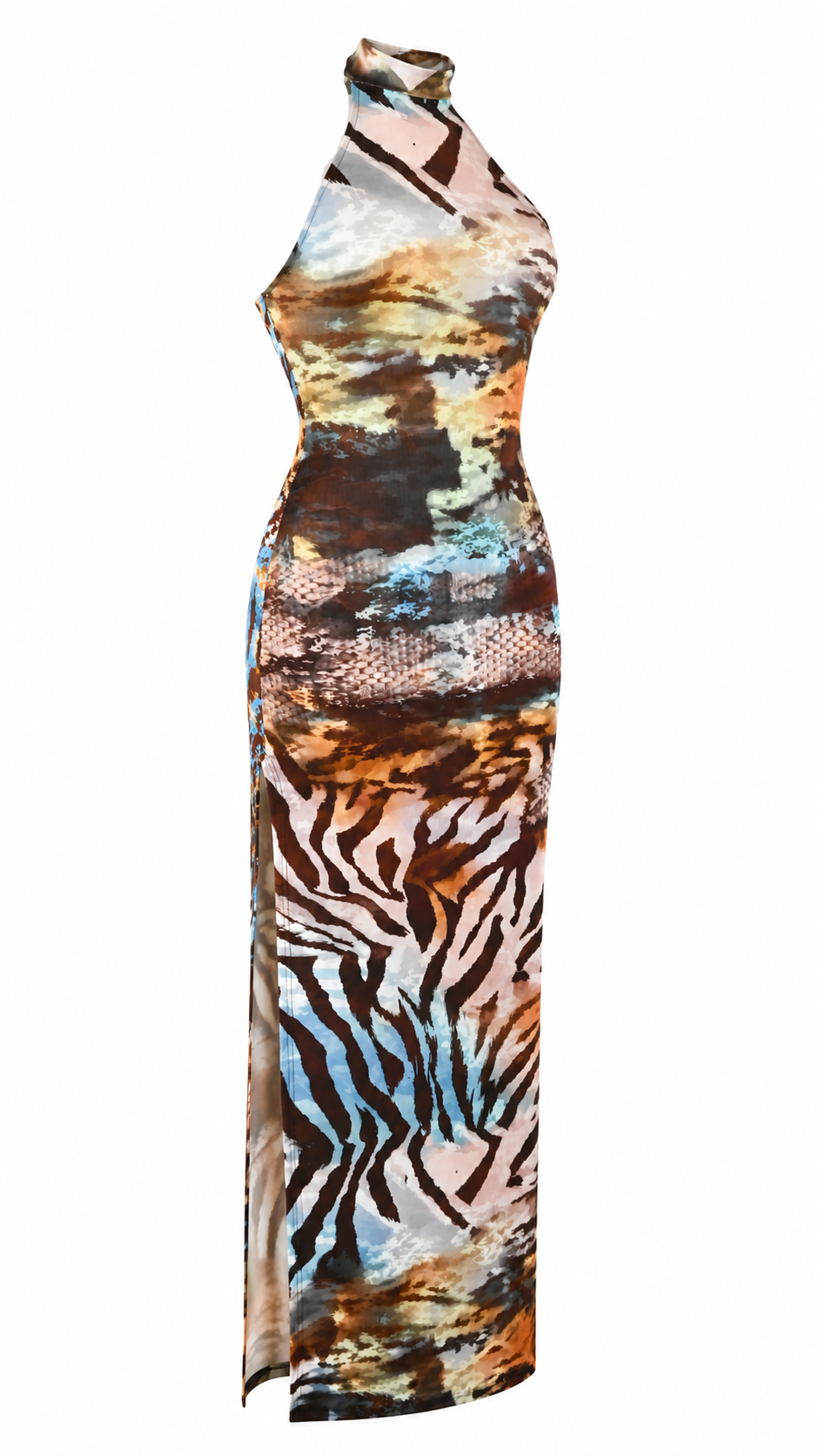 Abito lungo halter aderente con schiena racerback e spacco laterale