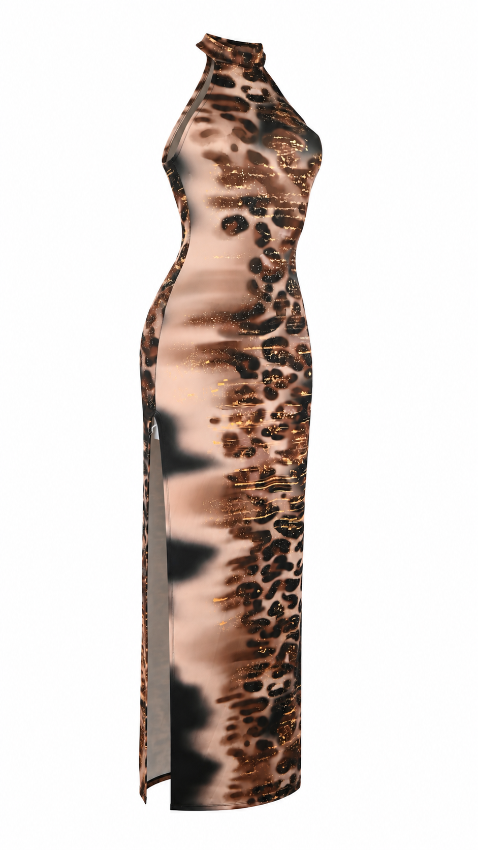 Abito lungo halter aderente con schiena racerback e spacco laterale
