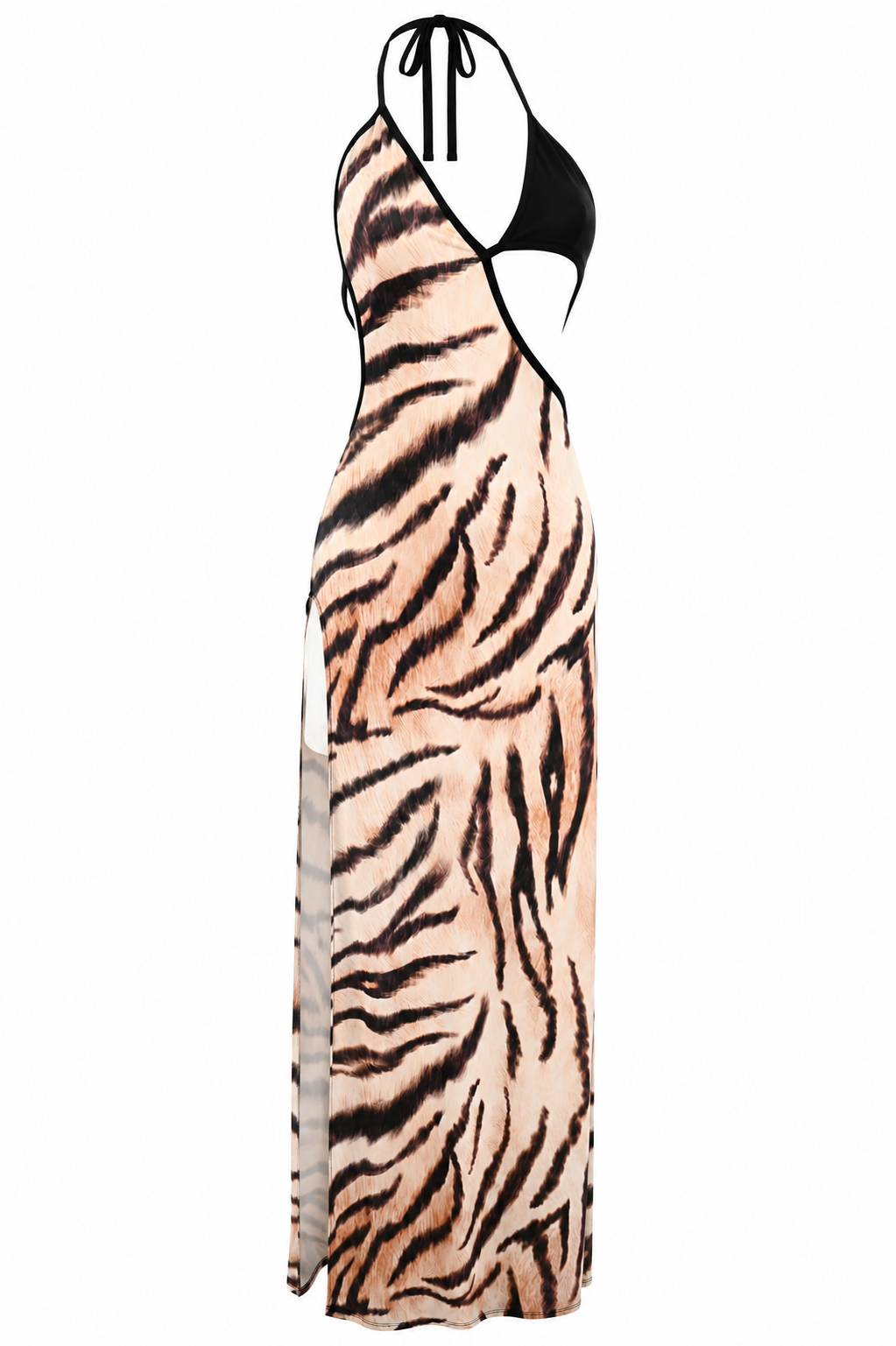 Abito lungo animalier tigrato con cut-out