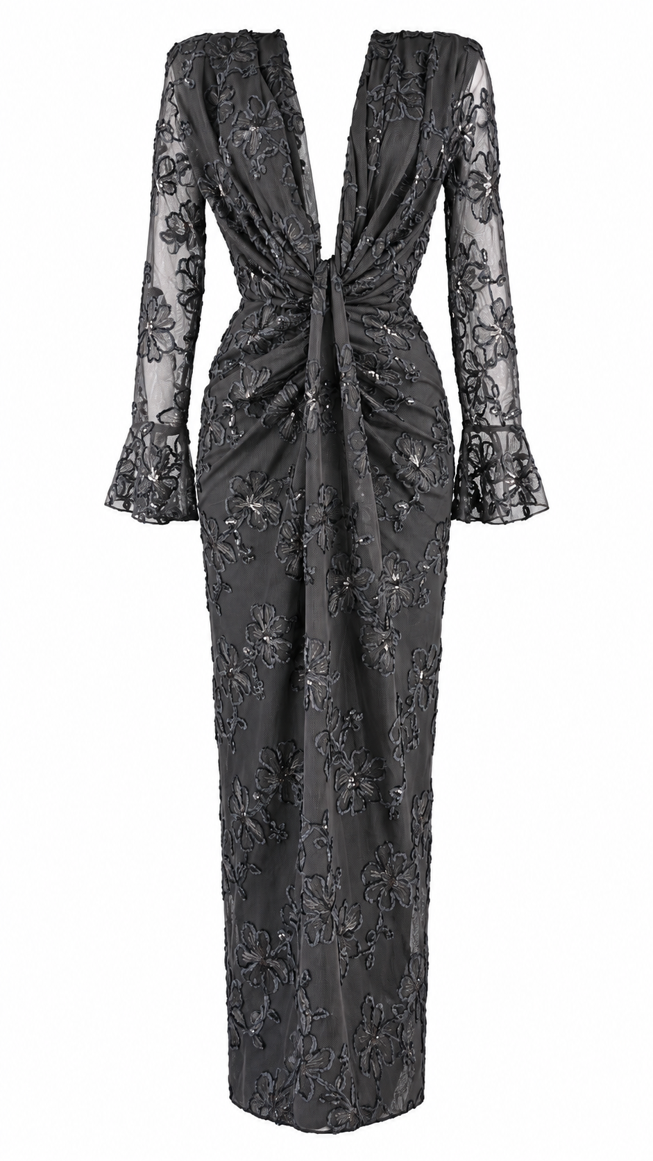 Abito lungo in tulle ricamato floreale con paillettes e scollo profondo a V