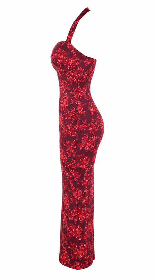 Vestido largo ajustado con estampado floral rojo