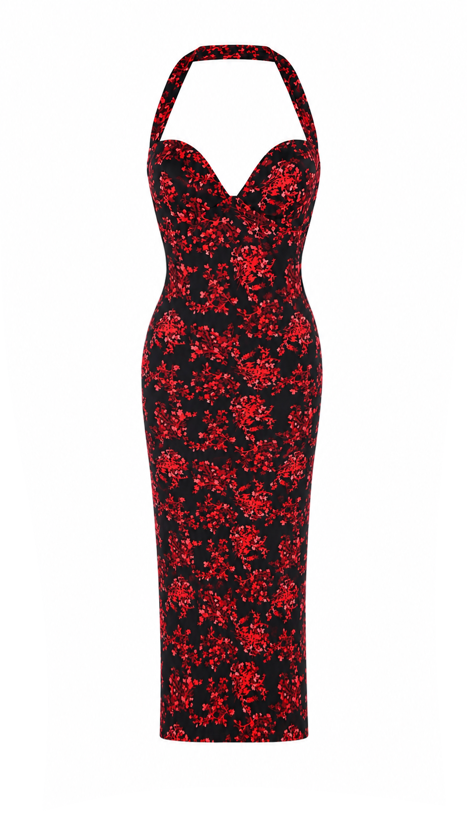 Vestido largo ajustado con estampado floral rojo