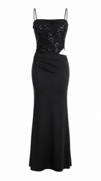 Abito lungo cut-out con corpetto in paillettes